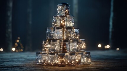 Christmas tree made from mason jars stacked and filled with lights,