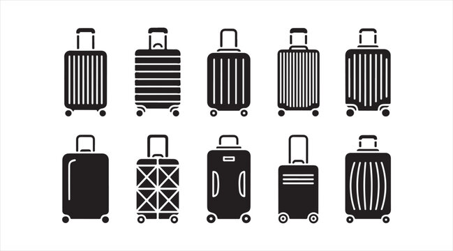 Set of modern suitcase silhouettes with wheels, handles, and patterned luggage designs for travel artwork