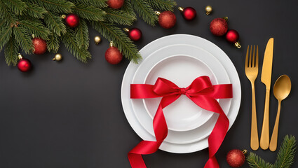Christmas table setting with white plates tied with red ribbon, gold cutlery, pine branches and red baubles on dark background. Elegant holiday dinner concept.