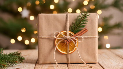 Christmas gift wrapped in kraft paper and decorated with dried orange slice, cinnamon stick and pine sprig on wooden table with blurred festive lights.
