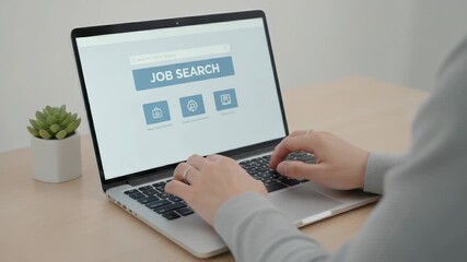 Unemployed individual actively searching for job opportunities online, typing keywords on a laptop keyboard to find new career listings and employment possibilities on a recruitment website