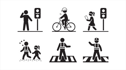 Collection of pedestrian, cyclist, and traffic control silhouettes for road safety education and transport design