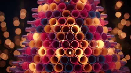 Christmas tree made from pool noodles cut and arranged with lights,