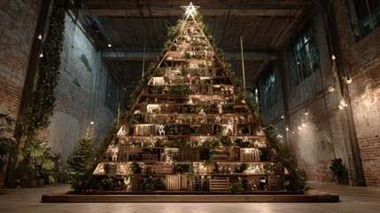Christmas tree made from recycled materials in eco-friendly display,