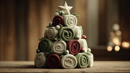 Christmas tree made from rolled towels arranged with ornaments attached,
