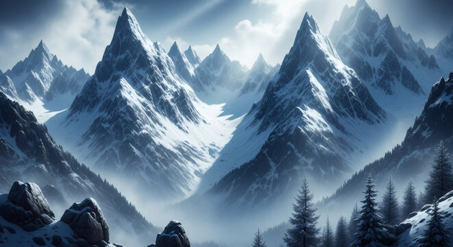 Majestic Snowy Mountains Landscape A Breathtaking Alpine Vista with Sunlit Peaks - Powered by Adobe