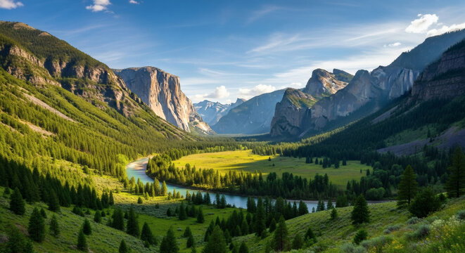 Majestic panoramic view of a winding river flowing through a vibrant green valley, framed by towering mountains and lush forests under a serene blue sky - Powered by Adobe