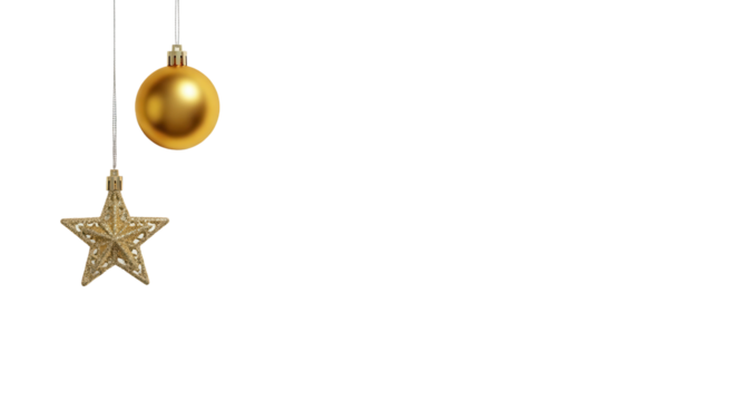 Golden Christmas ornaments hanging isolated PNG with Transparent Background