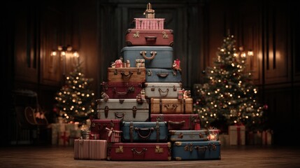 Christmas tree made from vintage suitcases stacked with decorations,