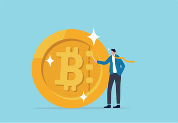 What is Bitcoin and blockchain technology, knowledge or crypto currency technology, blockchain class and education concept, businessman expert explain blockchain technology on golden Bitcoin coin.