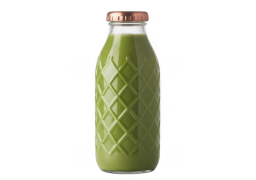 Green smoothie in a textured glass bottle with a copper cap isolated on a transparent background