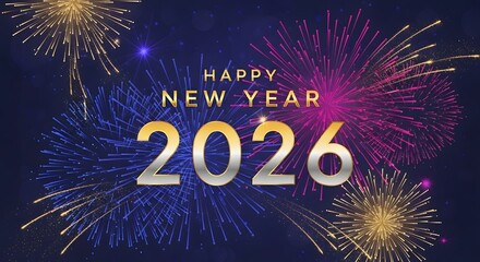Happy new year 2026 festive fireworks display on dark blue background