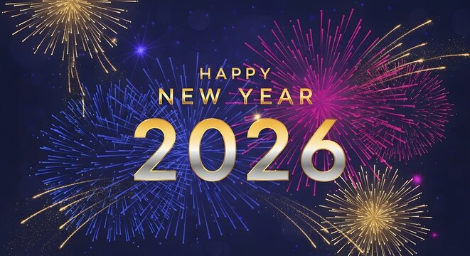 Happy new year 2026 festive fireworks display on dark blue background