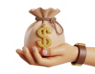 Hand holding a beige money bag with a golden dollar sign isolated on a transparent background