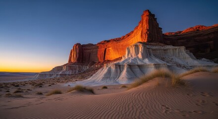Dramatic sunset illuminates the orange sandstone cliffs and white badlands formations in a desert landscape