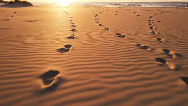Golden sunlight illuminates footprints in the rippled sand, revealing a single path that diverges into two separate trails, symbolizing a journey of choice, decision, and diverging paths