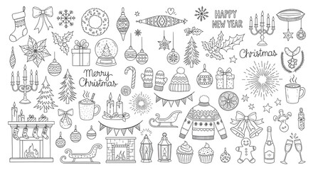 Christmas doodle set with festive elements, isolated on white background