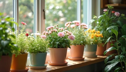 Fototapeta premium Potted flowering plants line a windowsill in soft daylight. Pastel colored flowers and green leaves fill pots in a home garden display. Natural light brightens cheerful indoor plants.