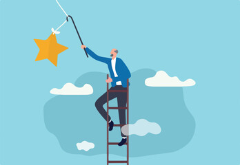Retirement pension fund target, financial planning for retiree or success retirement life concept, elderly senior retired man climbing up ladder to the top high into the sky to grab the star.