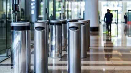 Explore a contemporary waste disposal setup in a bustling indoor area featuring metal trash cans arranged thoughtfully for easy access