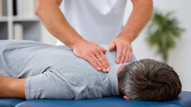 Massage therapy session for muscle relaxation and pain relief in a calm treatment room setting
