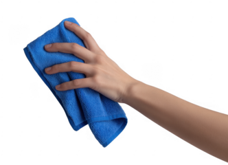 Hand holding blue microfiber cloth isolated on a transparent background 1