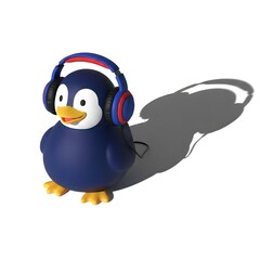 Obraz premium A 3D-rendered cartoon penguin wearing blue and red headphones stands on a white surface, casting a long shadow to the right.