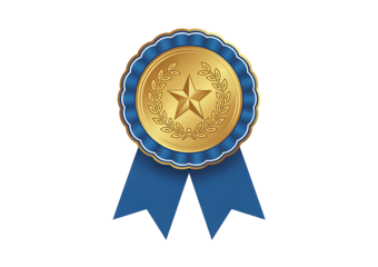 Gold medal with star and wreath in center and blue ribbon award isolated on transparent background with clipping path