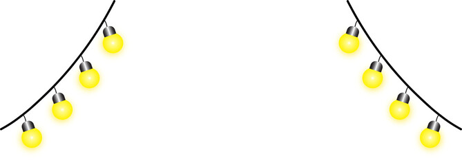 Vector illustration of eight bright yellow string lights hanging in two separate arcs from a black wavy cable, perfect for celebration borders, festive party banners, and decorative event backgrounds