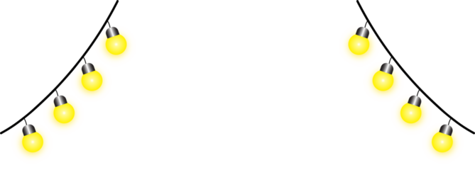 Vector illustration of eight bright yellow string lights hanging in two separate arcs from a black wavy cable, perfect for celebration borders, festive party banners, and decorative event backgrounds