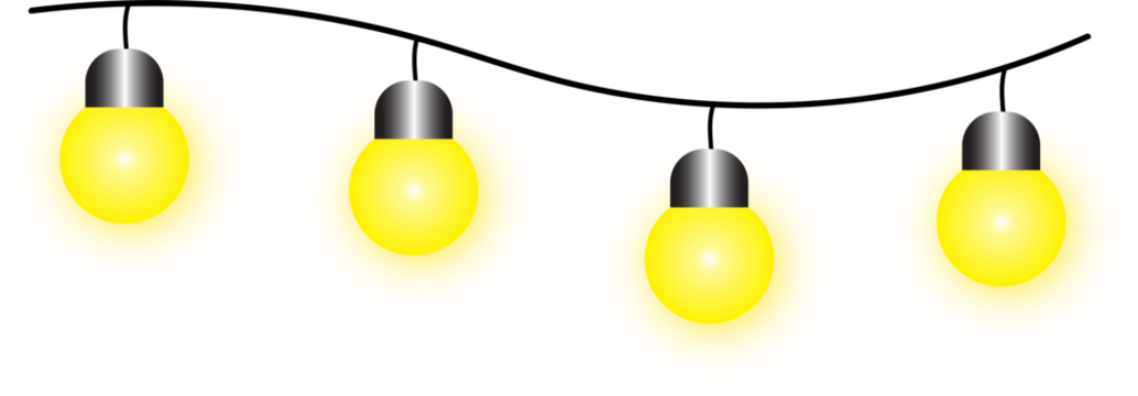 Horizontal vector graphic of four glowing yellow string lights suspended on a slightly wavy black cable, perfect for celebration, festive decorations, party invitations, and decorative border designs