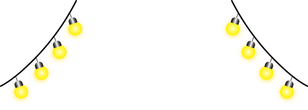 Vector illustration of eight bright yellow string lights hanging in two separate arcs from a black wavy cable, perfect for celebration borders, festive party banners, and decorative event backgrounds