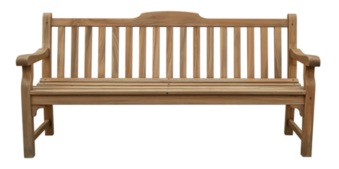 Front view of classic wooden park bench with decorative top made from light brown wood isolated on transparent background ready for your design