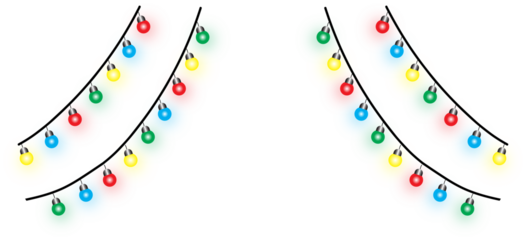 Colorful festive string lights hanging in curved rows with bright red blue green and yellow bulbs creating cheerful holiday decoration on transparent background