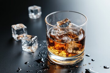 This image shows a whiskey glass with ice cubes and droplets of water on a sleek dark surface, capturing the essence of sophistication and relaxation in drink.