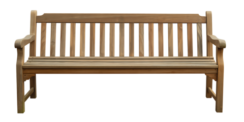 Front view of classic wooden park bench made from light brown wood isolated on transparent background ready for your design