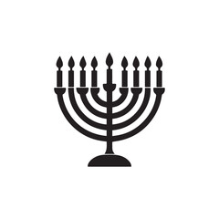 Stylized silhouette of a hanukkah menorah with nine lit candles on a white background