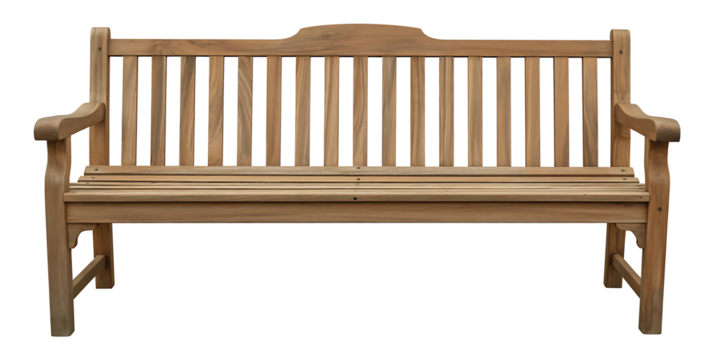Front view of classic wooden park bench with decorative top made from light brown wood isolated on transparent background ready for your design