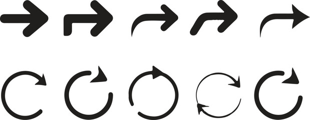 Black arrow icons in circles. Arrows point in various directions. Circular arrow icons for navigation. Grunge Hand Drawn Media Control Icon Set.