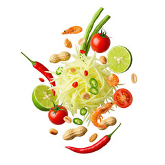 Naklejka premium Exploding Ingredients For Spicy Thai Papaya Salad Som Tum