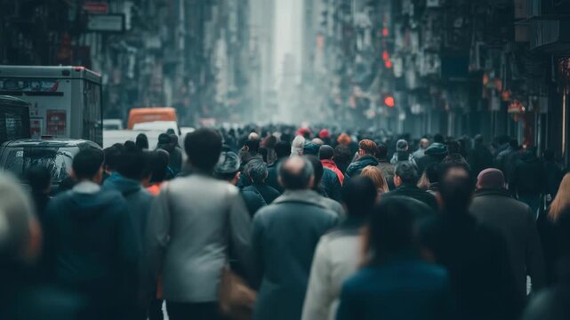 Busy street filled with diverse crowd in urban setting on a misty day