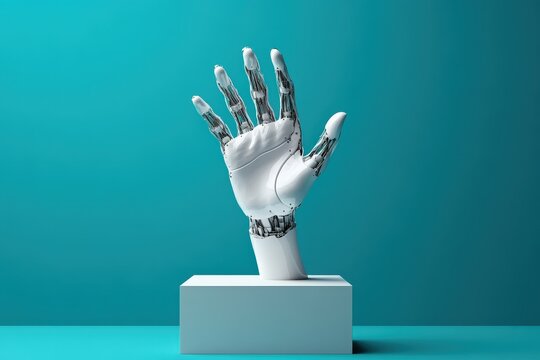 A technologically advanced robotic hand demonstrates intricate designs, showcasing innovation in modern robotics and the future possibilities of human-machine interaction.