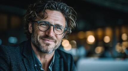 Handsome man smiling at desk with modern office background