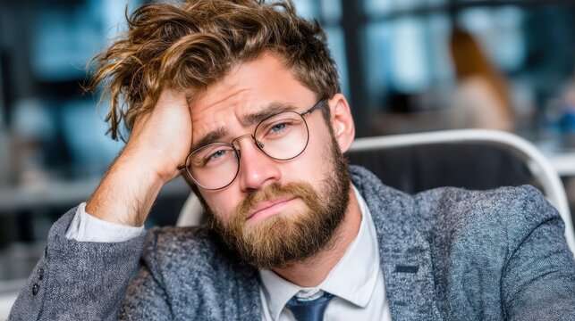 Frustrated Young Man in Office Setting with Disheveled Hair