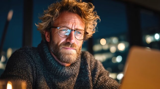 Focused man with glasses working late at night in cozy sweater