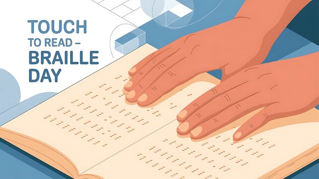 Hands reading braille book for touch to read braille day celebration