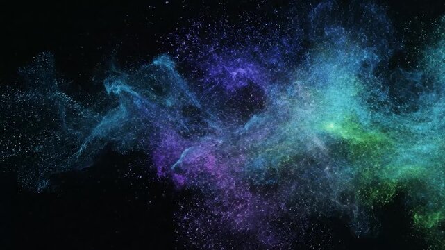 Abstract blue and purple particle streams colliding on a dark background