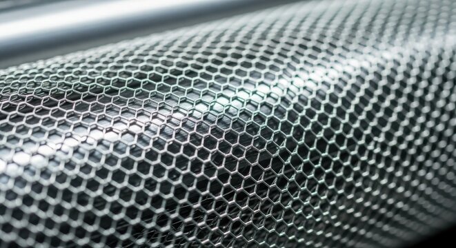 Close up of knurling texture on a metal barbell grip, showing a detailed honeycomb pattern