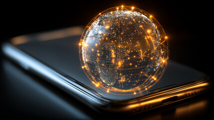 Digital globe hovering over a smartphone representing global connectivity, modern communication and the expanding reach of mobile technology.

