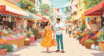 Obraz premium Couple exploring vibrant market streets together. Romantic stroll through a colorful local market.Couple enjoying shopping and sightseeing in a lively market.Summer market scene with a happy couple